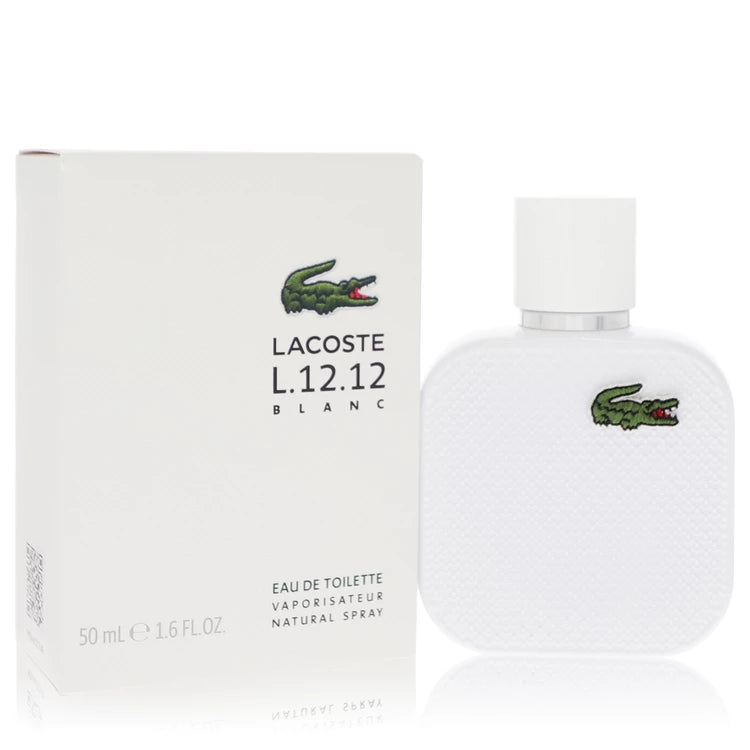Lacoste L.12.12 Blanc perfume bottle and packaging on a white background 50ml