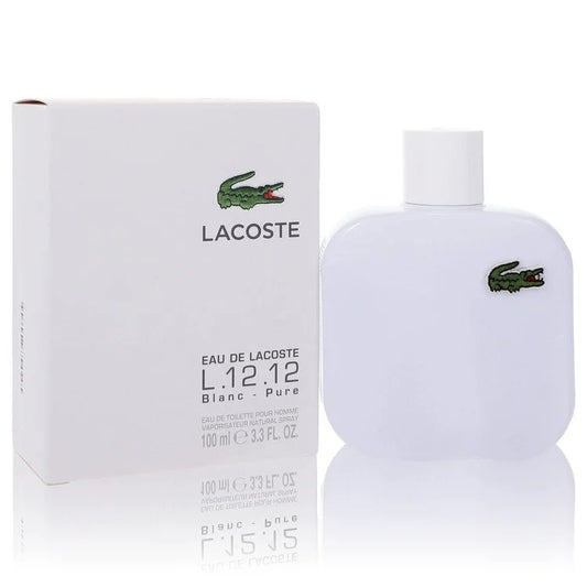 Bottle of Lacoste L.12.12 Blanc Eau de Toilette for Men with white and fresh citrus background 100ml