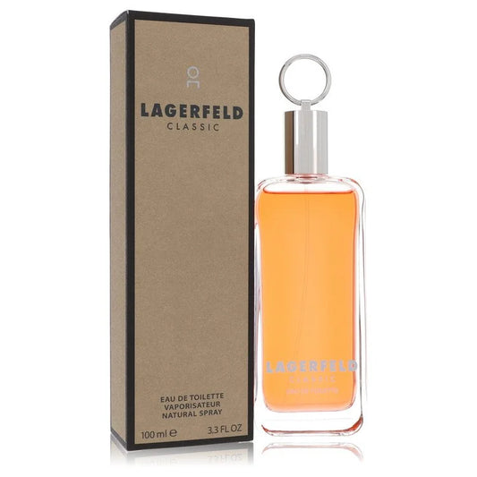 Bottle of Lagerfeld Classic Eau de Toilette for Men with warm amber tones and vintage-inspired backdrop 100ml