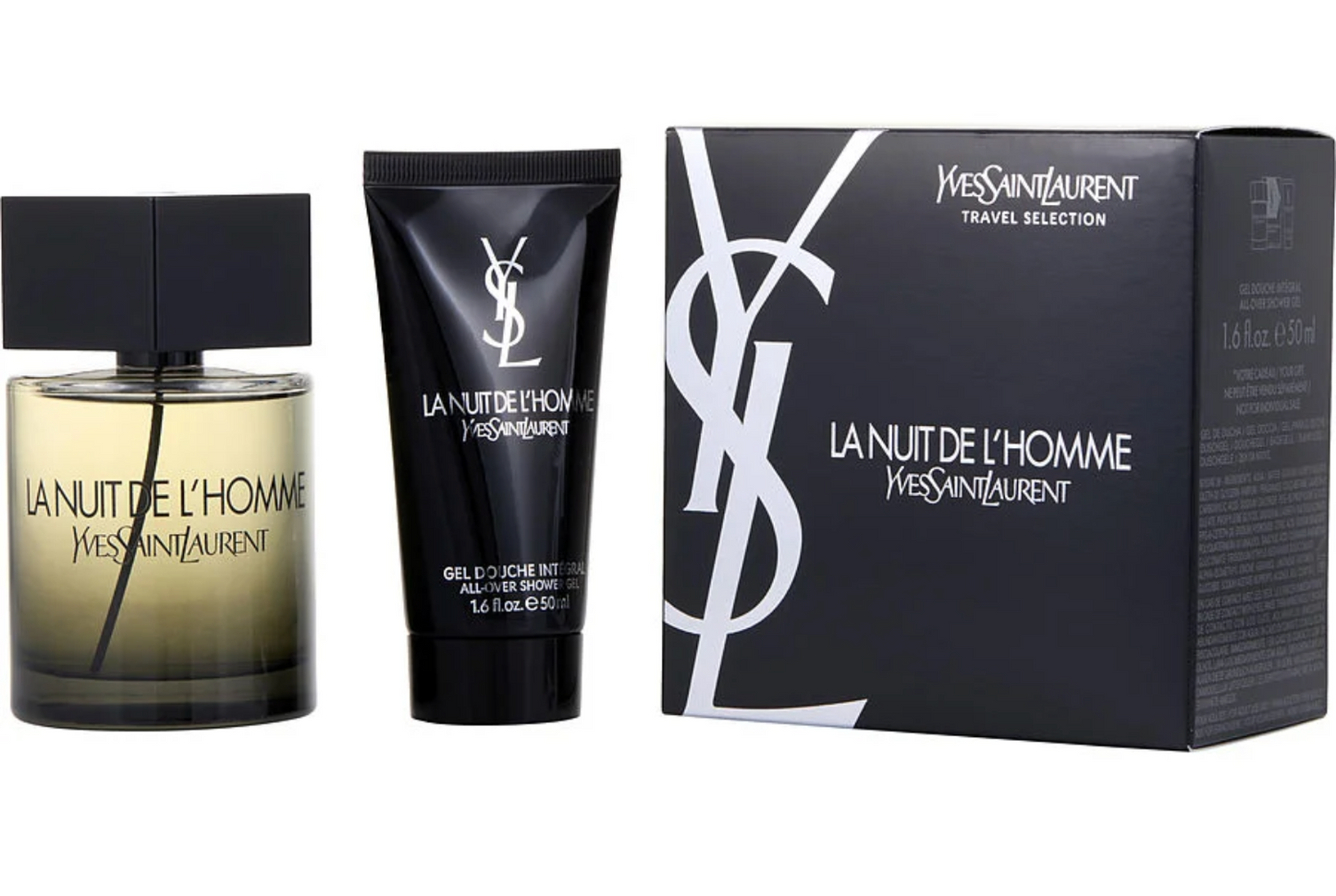 YSL La Nuit De L’Homme Gift Set – 100ml Eau de Toilette and 50ml Shower Gel in sleek masculine packaging.