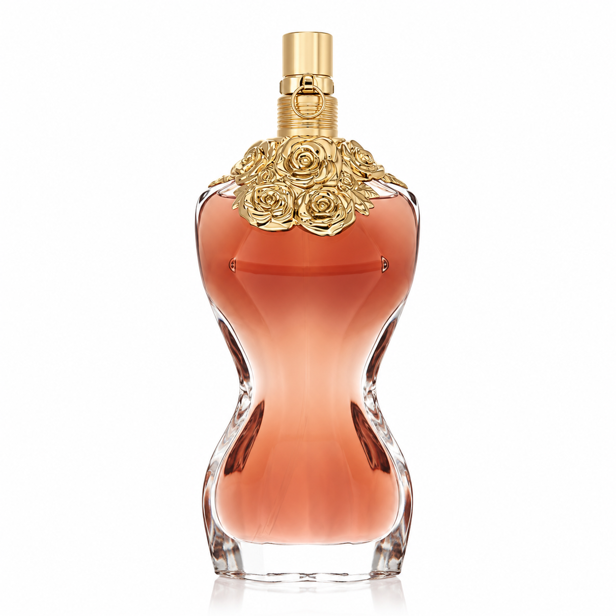 Jean Paul Gaultier La Belle Eau de Parfum. Classic women's torso bottle with golden roses around the neck of the bottle. 100ml