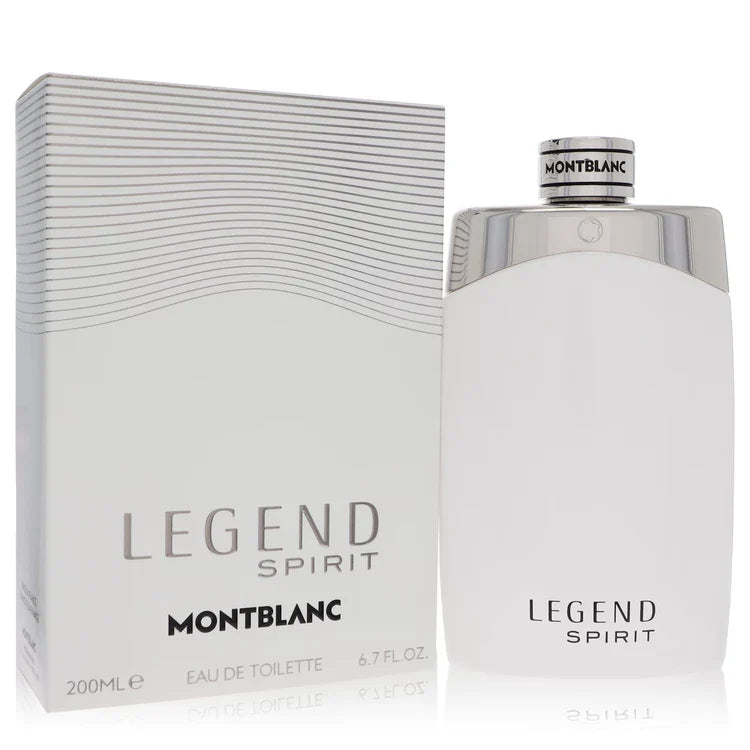 Montblanc Legend Spirit – crisp fresh woody scent in elegant white bottle with silver details. 200ml