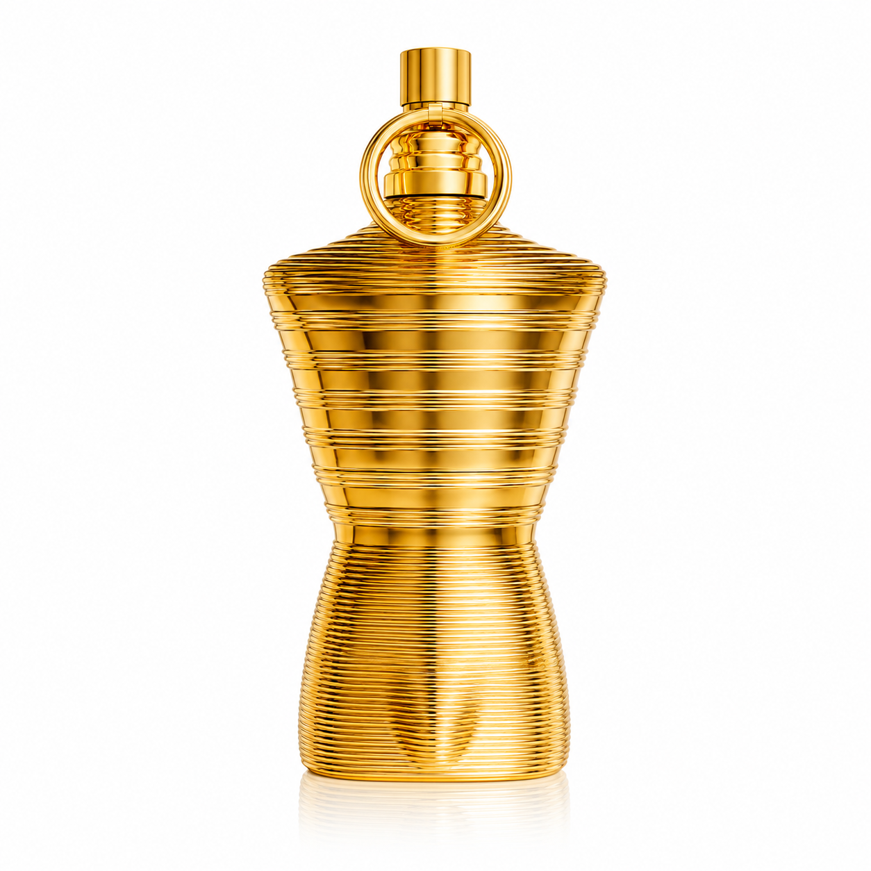 Jean Paul Gaultier Le Male Elixir Absolu Parfum. Solid gold colour bottle shaped like a man's torso in classic Gaultier fashion. 125ml