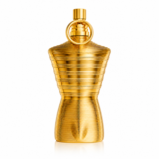 Jean Paul Gaultier Le Male Elixir Absolu Parfum. Solid gold colour bottle shaped like a man's torso in classic Gaultier fashion. 125ml