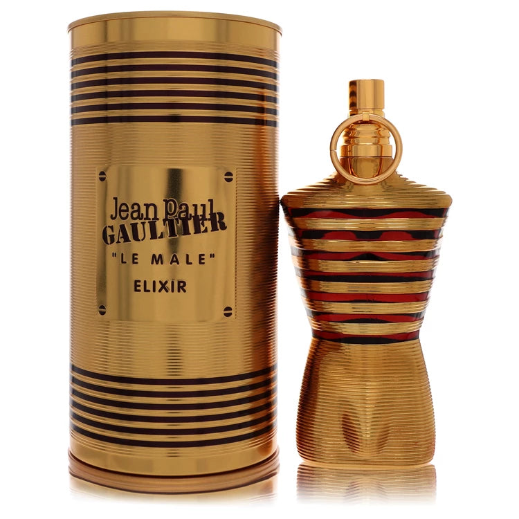 Jean Paul Gaultier Le Male Elixir perfume bottle and packaging on a white background