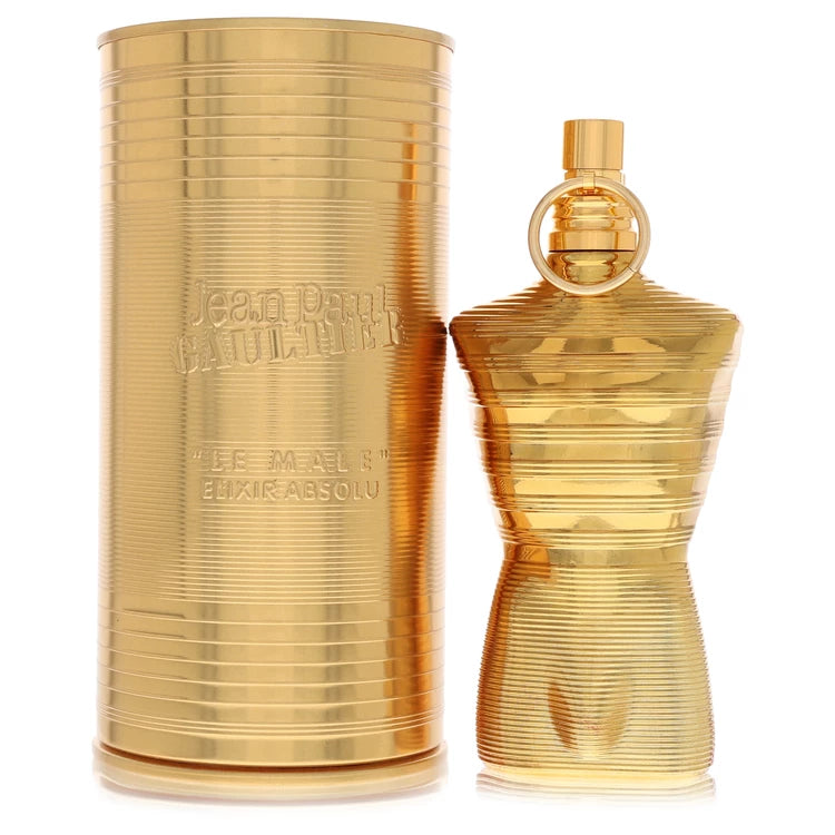 Gold perfume bottle and packaging with 'Jean Paul Gaultier' branding on a white background