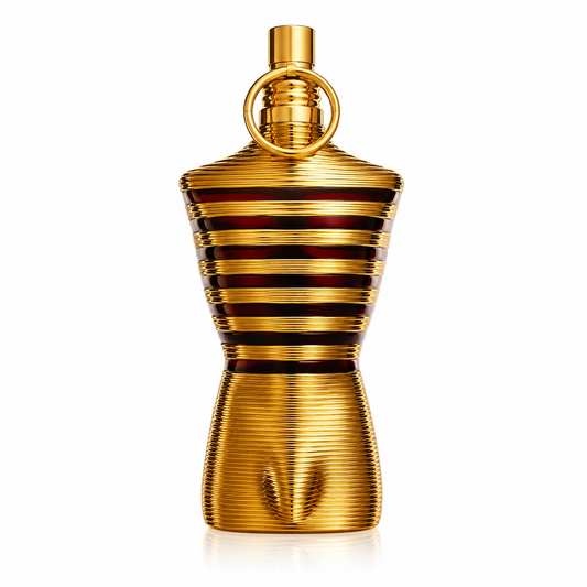 Jean Paul Galtier Le Male Elixir Parfum. Gold bottle with red horizontal strips with classic Le Male shape. 125ml