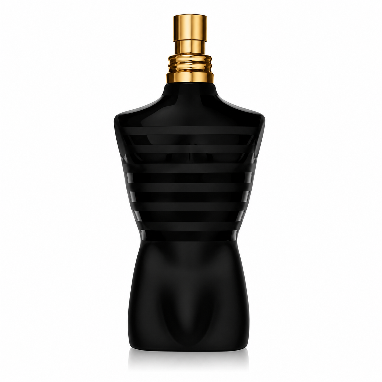 A black perfume bottle shaped like a male torso with horizontal grooved details, a gold spray nozzle, and a gold neck band, centered on a white background. 75ml