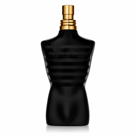 A black perfume bottle shaped like a male torso with horizontal grooved details, a gold spray nozzle, and a gold neck band, centered on a white background. 75ml