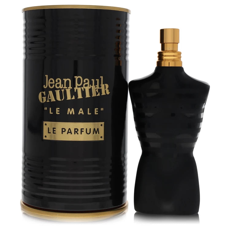 Black and gold Jean Paul Gaultier Le Male perfume bottle and packaging on a white background