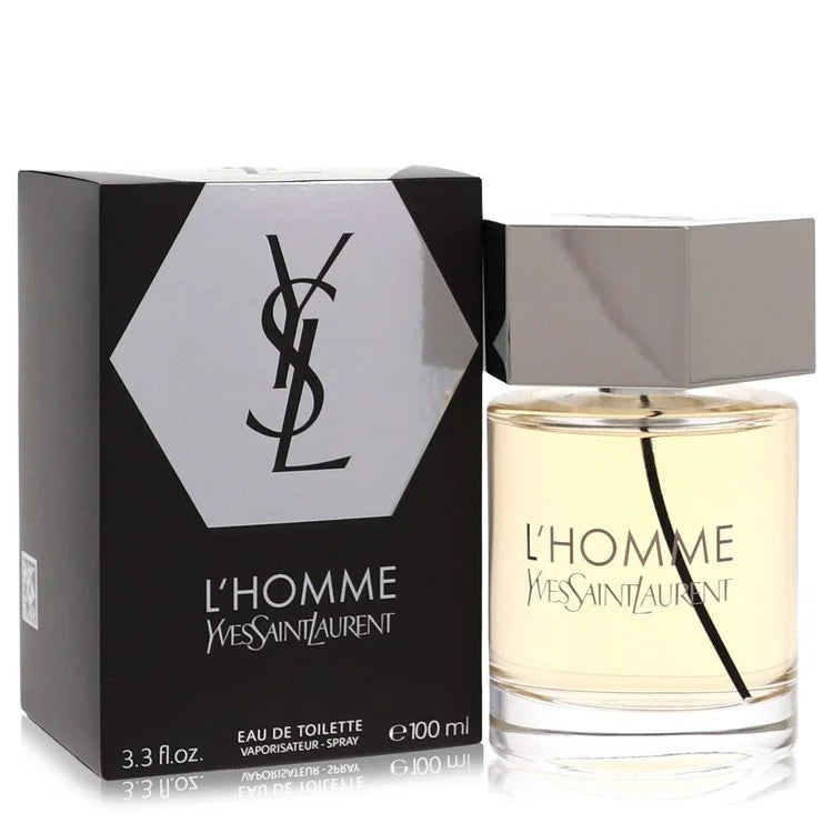 YSL L’Homme – sophisticated fresh woody scent in clear glass bottle with metallic hexagon cap 100ml