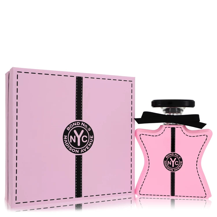Pink perfume bottle and packaging with 'Bond No. 9' logo on a white background 100ml