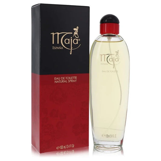 Bottle of Maja by Myrurgia Eau de Toilette with red roses and vintage Spanish-inspired background 100ml