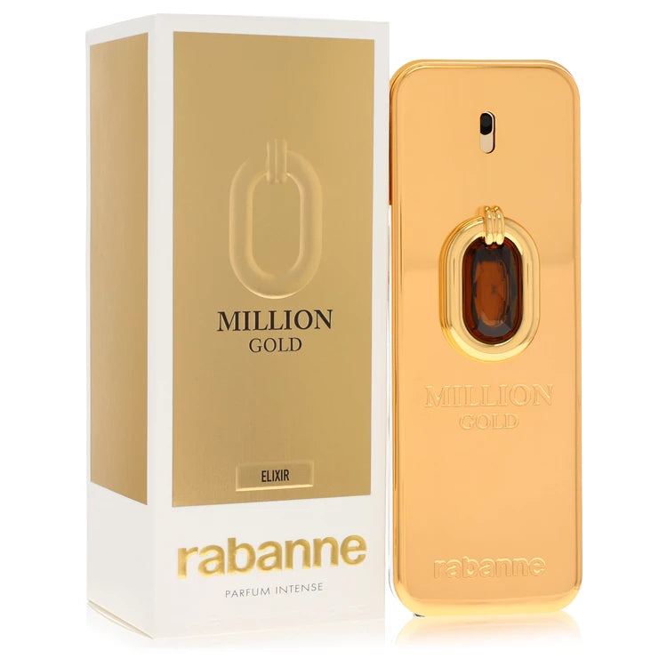 Paco Rabanne Million Gold Elixir Parfum Intense for men, luxurious gold fragrance bottle featuring warm vanilla, yellow mandarin and sandalwood notes 100ml