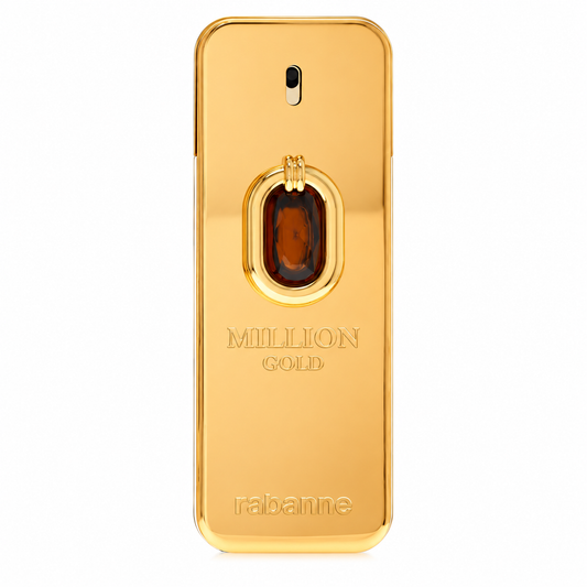Paco Rabanne Million Gold Elixir Parfum Intense for men, luxurious gold fragrance bottle featuring warm vanilla, yellow mandarin and sandalwood notes 100ml