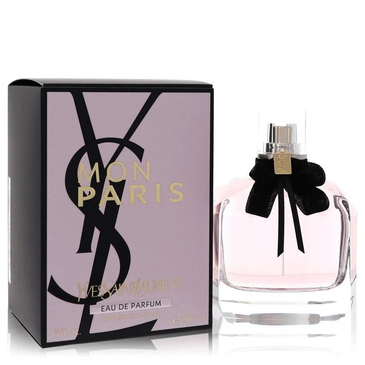 YSL Mon Paris – sweet fruity floral perfume in faceted pink glass bottle with black bow tie. 90ml