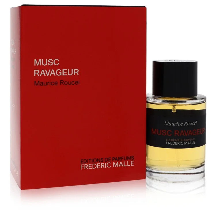 rédéric Malle Musc Ravageur – warm sensual amber musk perfume in minimalist clear bottle with red label. 100ml