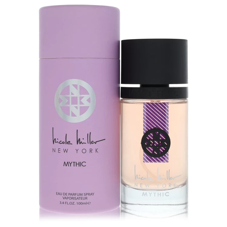 Two Nicole Miller New York Mythic perfume bottles, one purple and one clear with black cap. 100ml