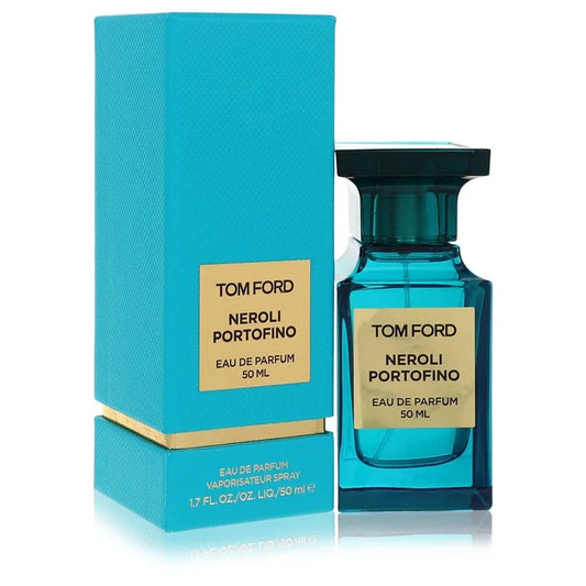 Tom Ford Neroli Portofino Eau de Parfum luxury unisex fragrance in an elegant turquoise-blue Private Blend bottle with a matching cap and gold label, featuring bergamot, neroli and orange blossom.
100ml