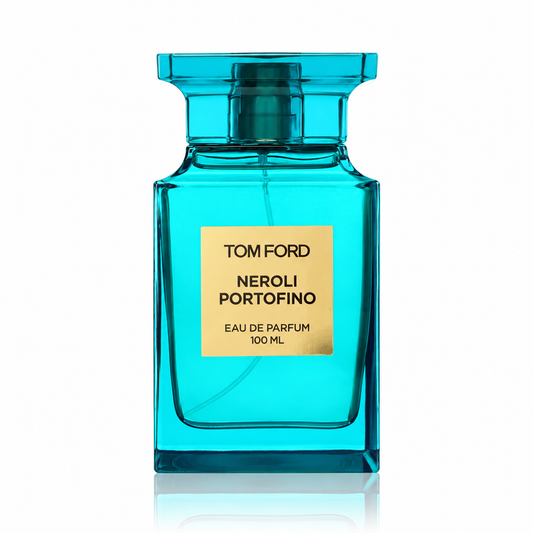 Tom Ford Neroli Portofino Eau de Parfum luxury unisex fragrance in an elegant turquoise-blue Private Blend bottle with a matching cap and gold label, featuring bergamot, neroli and orange blossom.
100ml