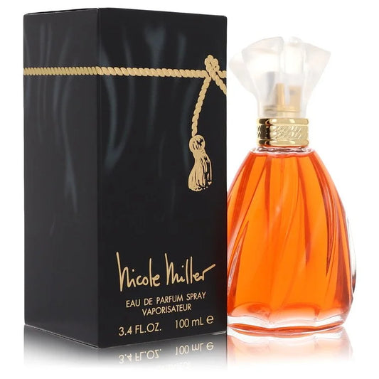 Bottle of Nicole Miller for Women Eau de Parfum with floral and amber-toned vintage-inspired backdrop 100ml