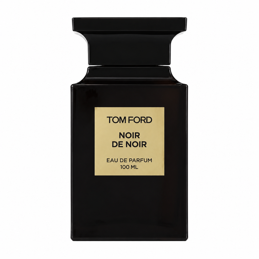 Tom Ford Noir de Noir Eau de Parfum luxury unisex fragrance in a dark Private Blend bottle with a matching cap and gold-toned label, featuring black rose, saffron, black truffle and oud. 100ml