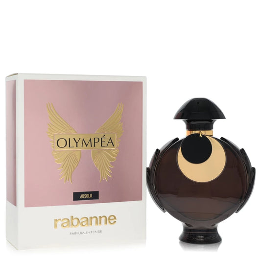 Olympéa Absolu perfume by Rabanne, featuring a dark brown glass bottle with a gold crescent moon detail and a pink and white outer box with gold wings.
