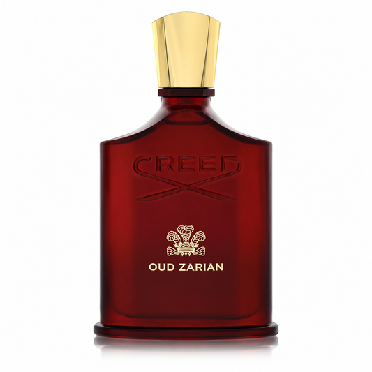 Creed Oud Zarian Eau de Parfum luxury unisex fragrance in a deep amber-brown Creed bottle with an elegant gold cap, featuring rare aged oud, frankincense, rose and sandalwood. 100ml