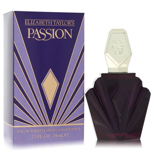 Elizabeth Taylor's Passion perfume bottle and packaging on a white background 75ml