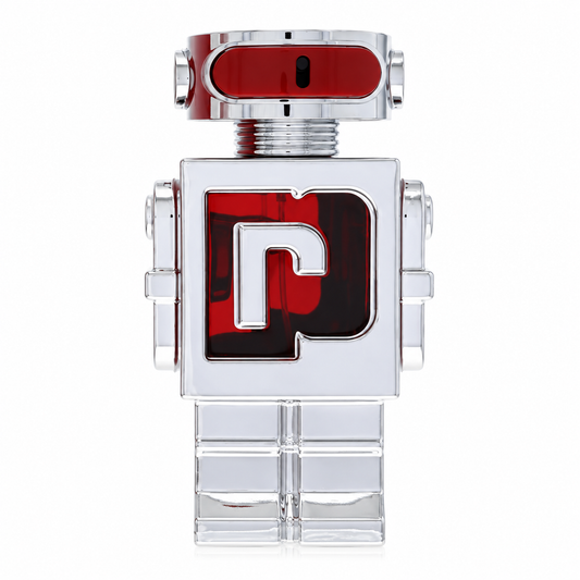 Paco Rabanne Phantom In Red Parfum Elixir for men, distinctive red robot-shaped fragrance bottle featuring saffron, lavender and smoky benzoin 100ml