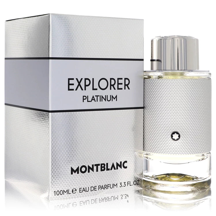 Montblanc Explorer Platinum – vibrant woody cologne in textured silver and white bottle. 100ml