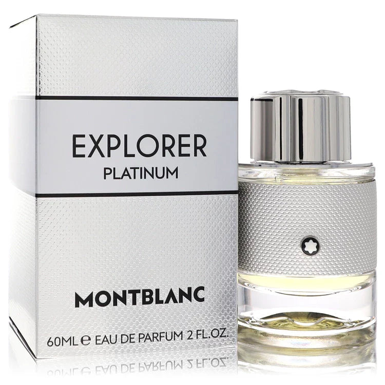 Montblanc Explorer Platinum – vibrant woody cologne in textured silver and white bottle. 60ml