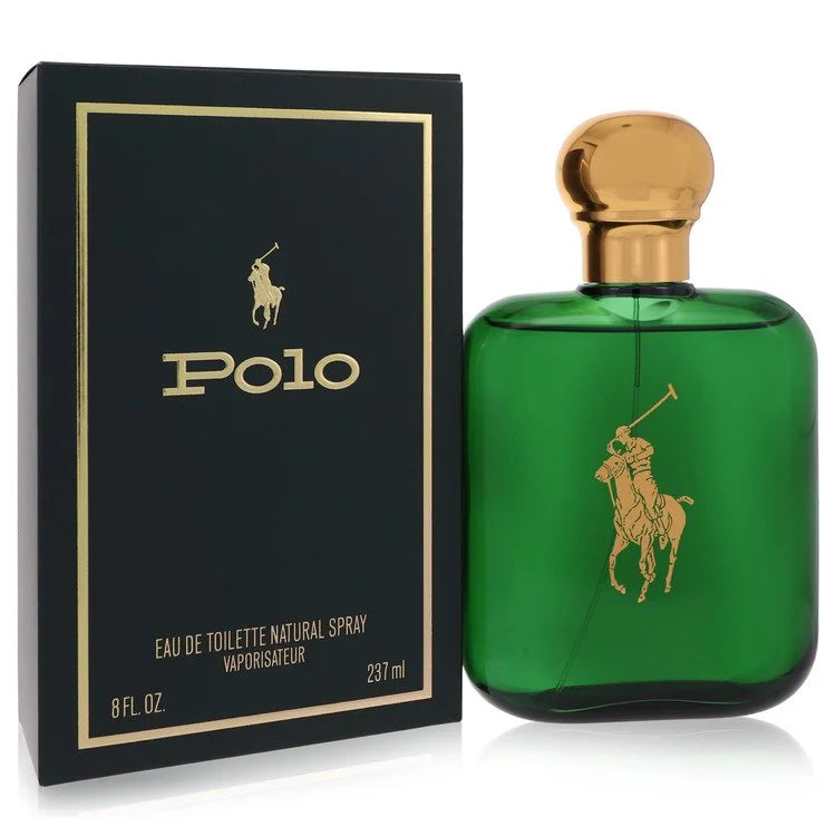Green Polo perfume bottle with gold cap and logo next to black box packaging on a white background 240ml