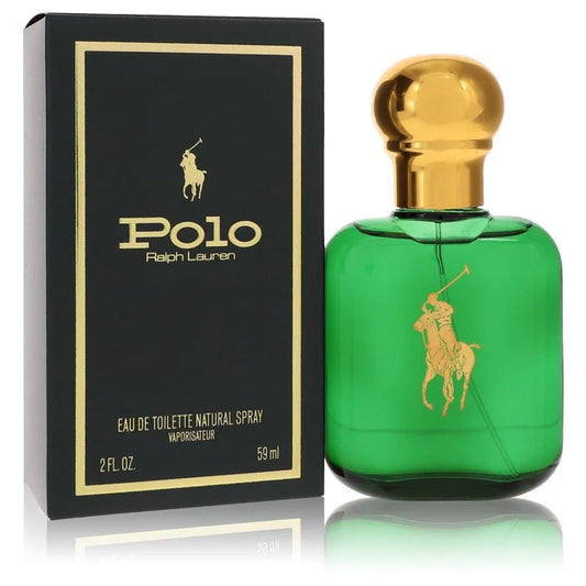 Green Polo Ralph Lauren perfume bottle with gold cap and packaging on a white background 60ml