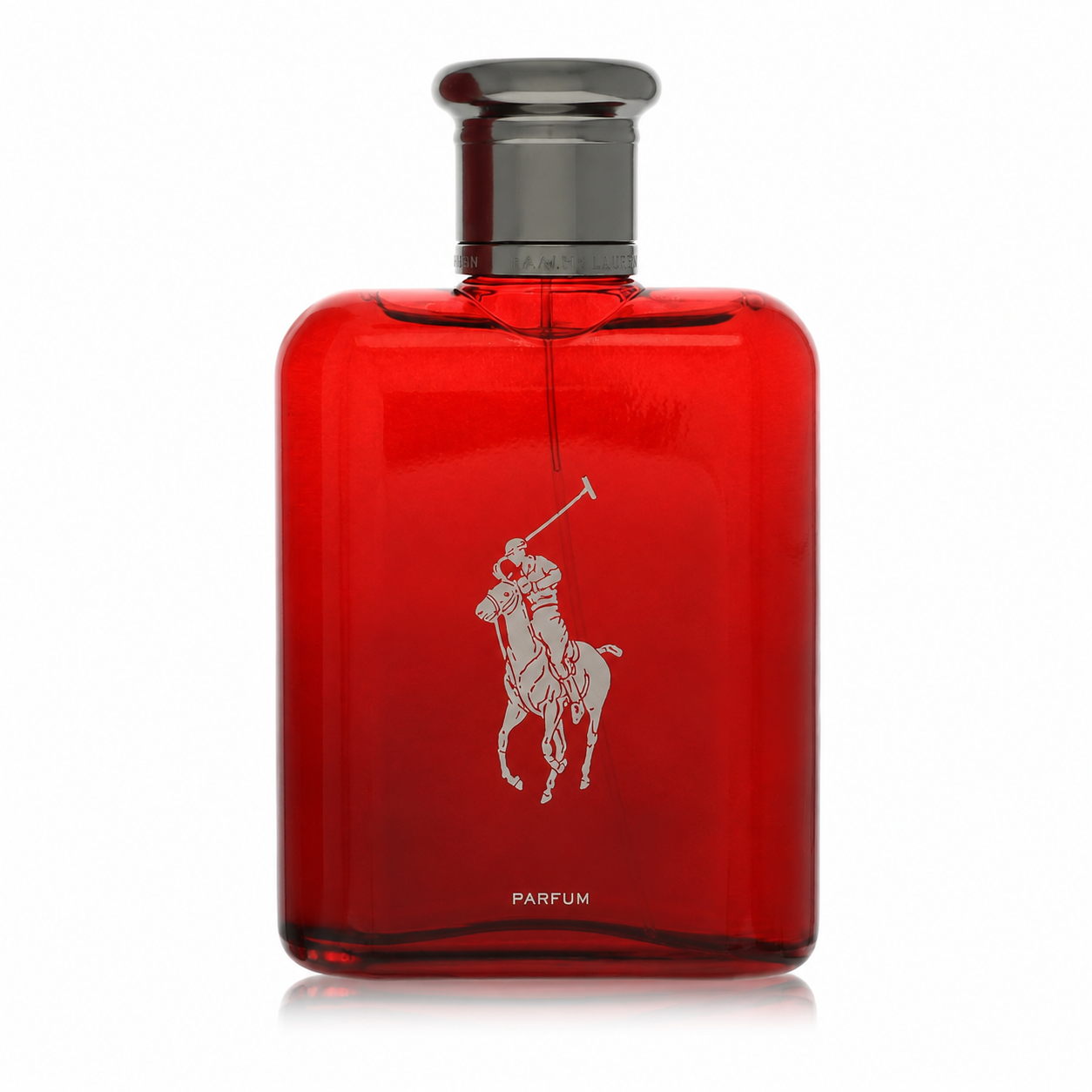 A red glass perfume bottle with a dark gray cap, featuring the white embroidered Polo Ralph Lauren polo player logo and the word 'PARFUM' on the front, set against a plain white background. 125ml