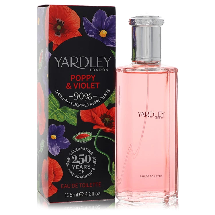 Yardley Poppy & Violet perfume bottle and packaging on a white background 125ml