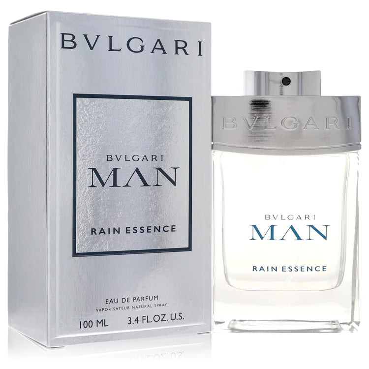 Bulgari Man Rain Essence Eau de Parfum bottle and packaging on a white background 100ml