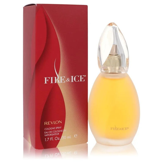 Bottle of Revlon Fire & Ice Eau de Cologne for Women 50ml with red and white flames background