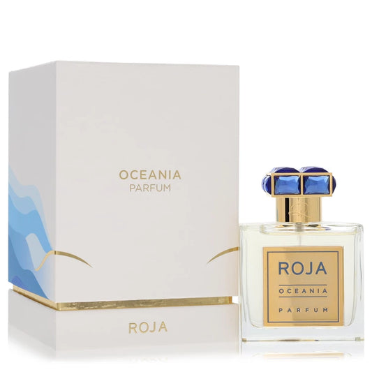 Roja Oceania Parfum luxury unisex fragrance in an elegant glass perfume bottle with ocean-inspired blue and gold detailing, featuring bergamot, lime, jasmine, sandalwood and orris. 50ml