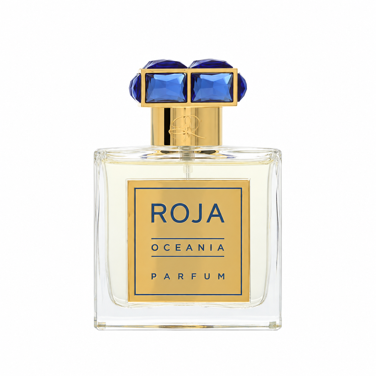 Roja Oceania Parfum luxury unisex fragrance in an elegant glass perfume bottle with ocean-inspired blue and gold detailing, featuring bergamot, lime, jasmine, sandalwood and orris. 50ml