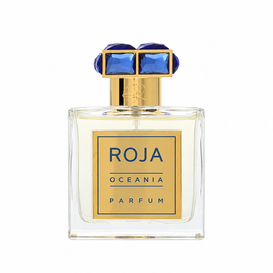 Roja Oceania Parfum luxury unisex fragrance in an elegant glass perfume bottle with ocean-inspired blue and gold detailing, featuring bergamot, lime, jasmine, sandalwood and orris. 50ml