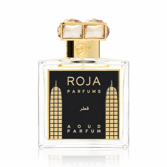 Roja Qatar Parfum luxury unisex fragrance featuring precious oud, Rose de Mai, jasmine de Grasse, peach, pear, candyfloss, saffron and ambergris. 50ml