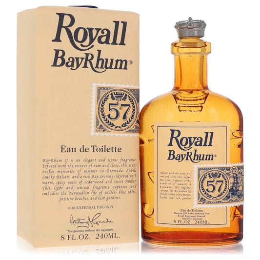 Bottle of Royall Bay Rhum 57 Eau de Toilette 240ml with nautical and bay leaf accents in a vintage setting