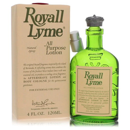 Bottle of Royall Lyme Bermuda Eau de Toilette 120ml with citrus and island-inspired background