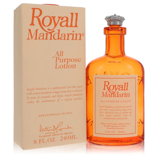 Bottle of Royall Mandarin Eau de Toilette 240ml with vibrant mandarin oranges and sunlit Caribbean backdrop