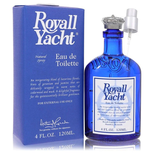 Bottle of Royall Yacht Eau de Toilette 120ml with a nautical-themed background and citrus accents

