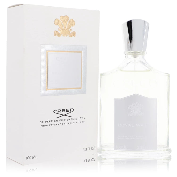 Bottle of Creed Royal Water Eau de Parfum with silver accents and a refreshing citrus and mint background 100ml