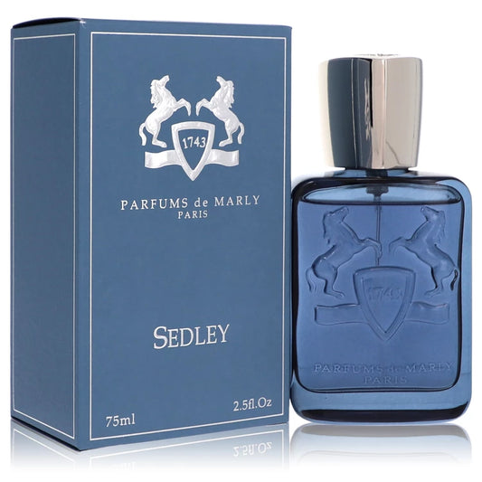 Parfums de Marly Sedley Eau de Parfum luxury fragrance in a metallic blue bottle, featuring refreshing bergamot, spearmint, lavandin, sandalwood and white musk. 75ml