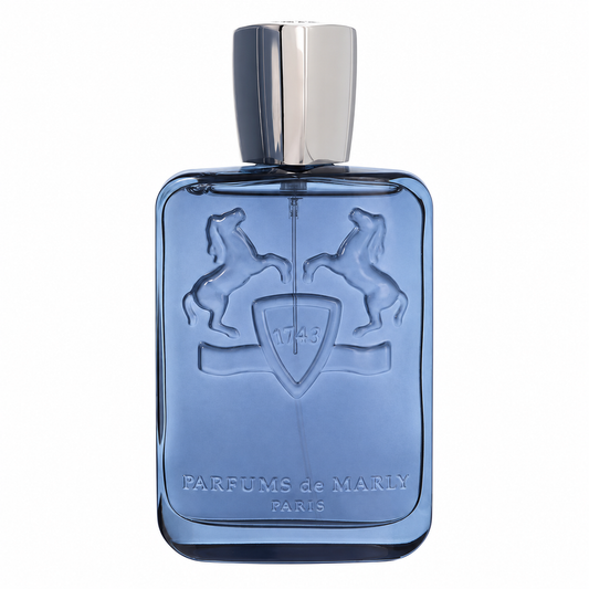 Parfums de Marly Sedley Eau de Parfum luxury fragrance in a metallic blue bottle, featuring refreshing bergamot, spearmint, lavandin, sandalwood and white musk.
