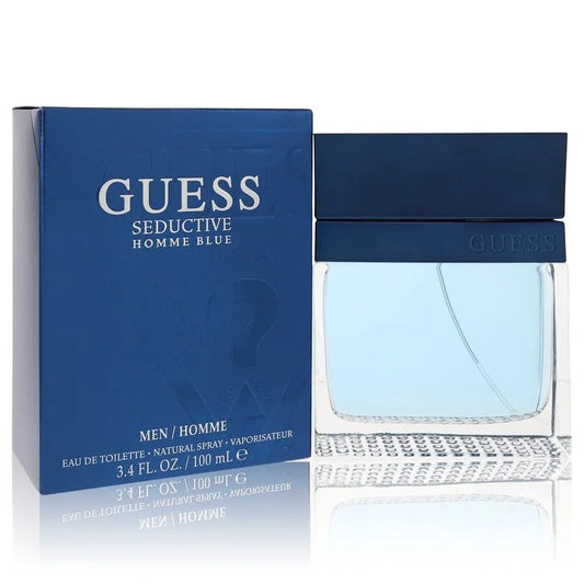 Guess Seductive Homme Blue perfume bottle and packaging on a white background 100ml